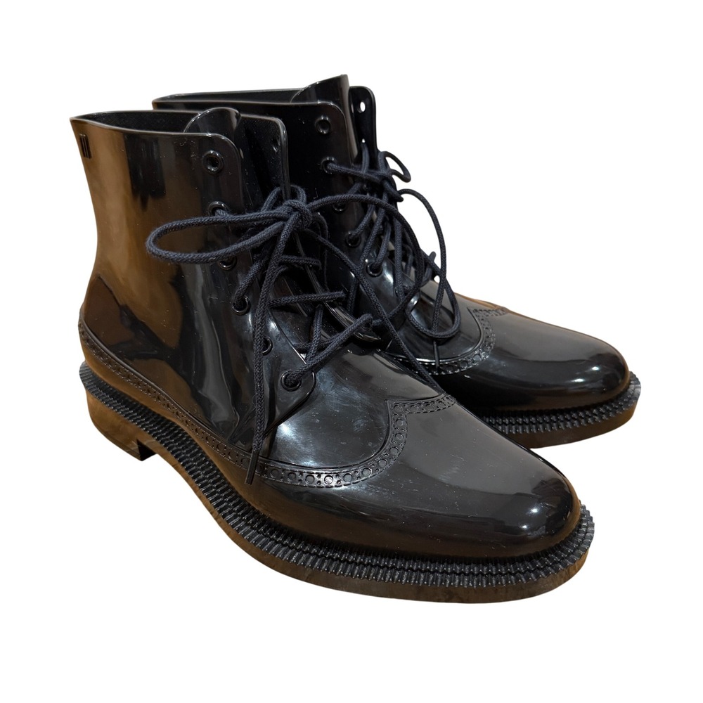 Melissa Black Brogue Wingtip Rain Bootie Lace Up Ankle Boots Womens Size 6